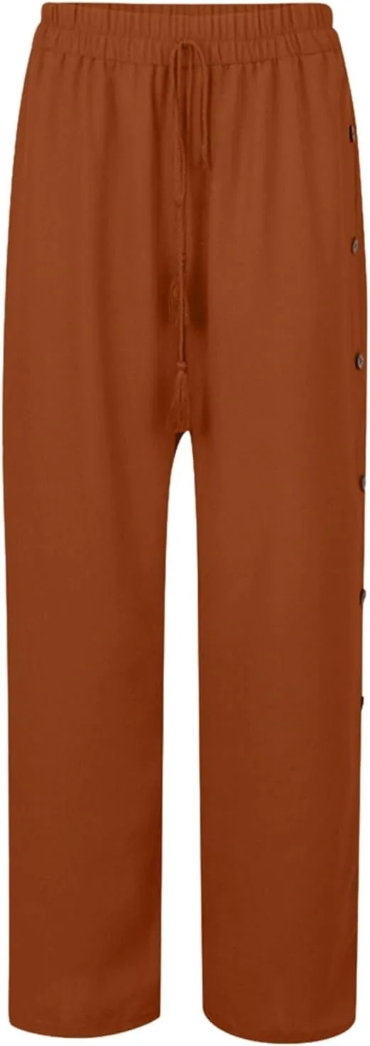 Ladies Wide Leg Pant Oversized Baggy Side Button Pleated High Waist Trouser Beach Jogger Boho Flowy Casual Sweatpants