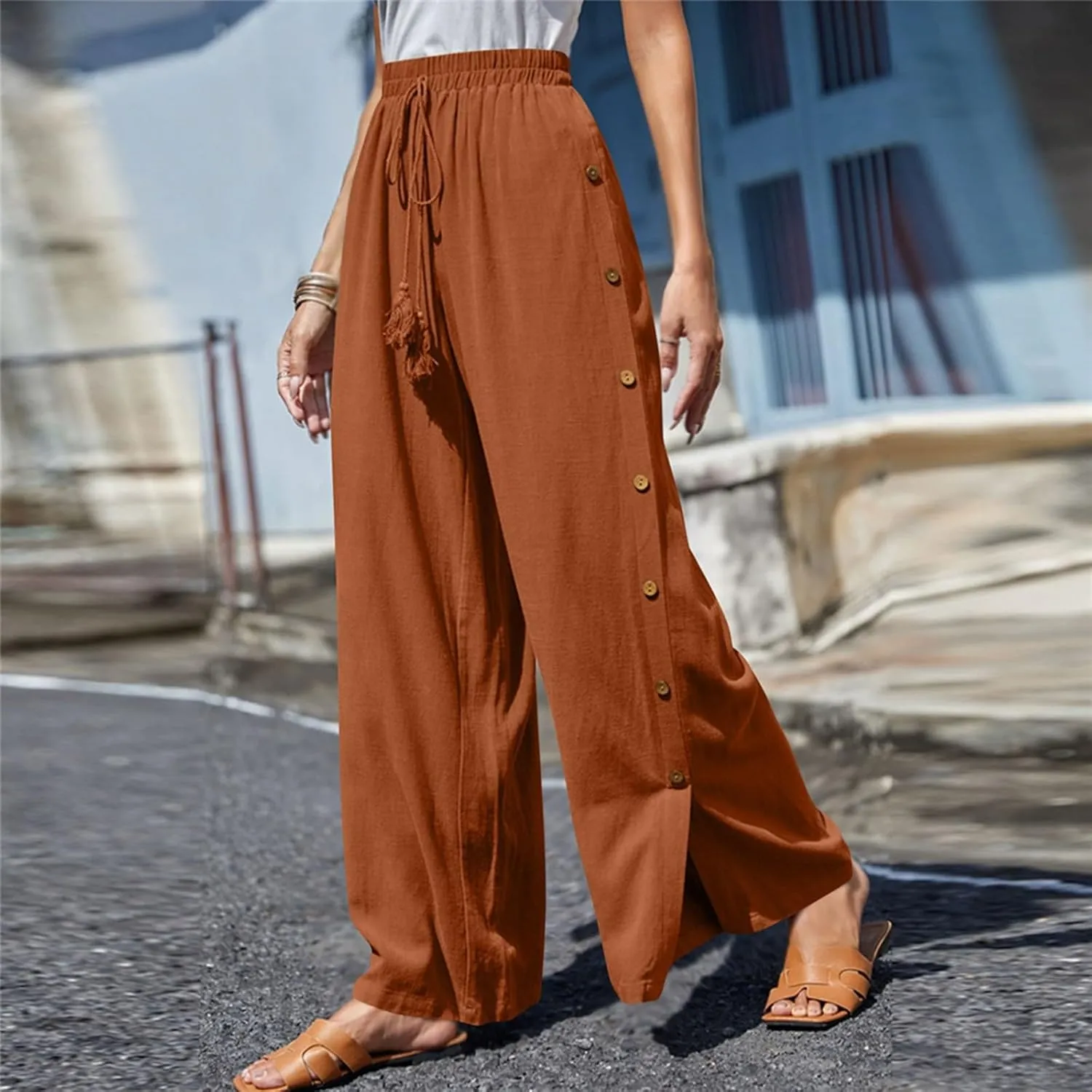 Ladies Wide Leg Pant Oversized Baggy Side Button Pleated High Waist Trouser Beach Jogger Boho Flowy Casual Sweatpants