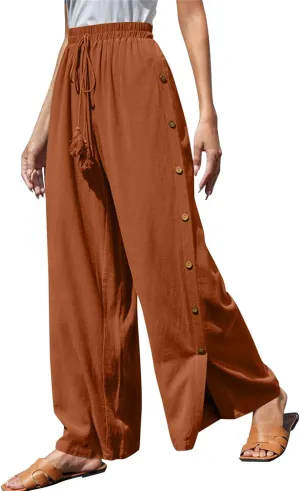 Ladies Wide Leg Pant Oversized Baggy Side Button Pleated High Waist Trouser Beach Jogger Boho Flowy Casual Sweatpants