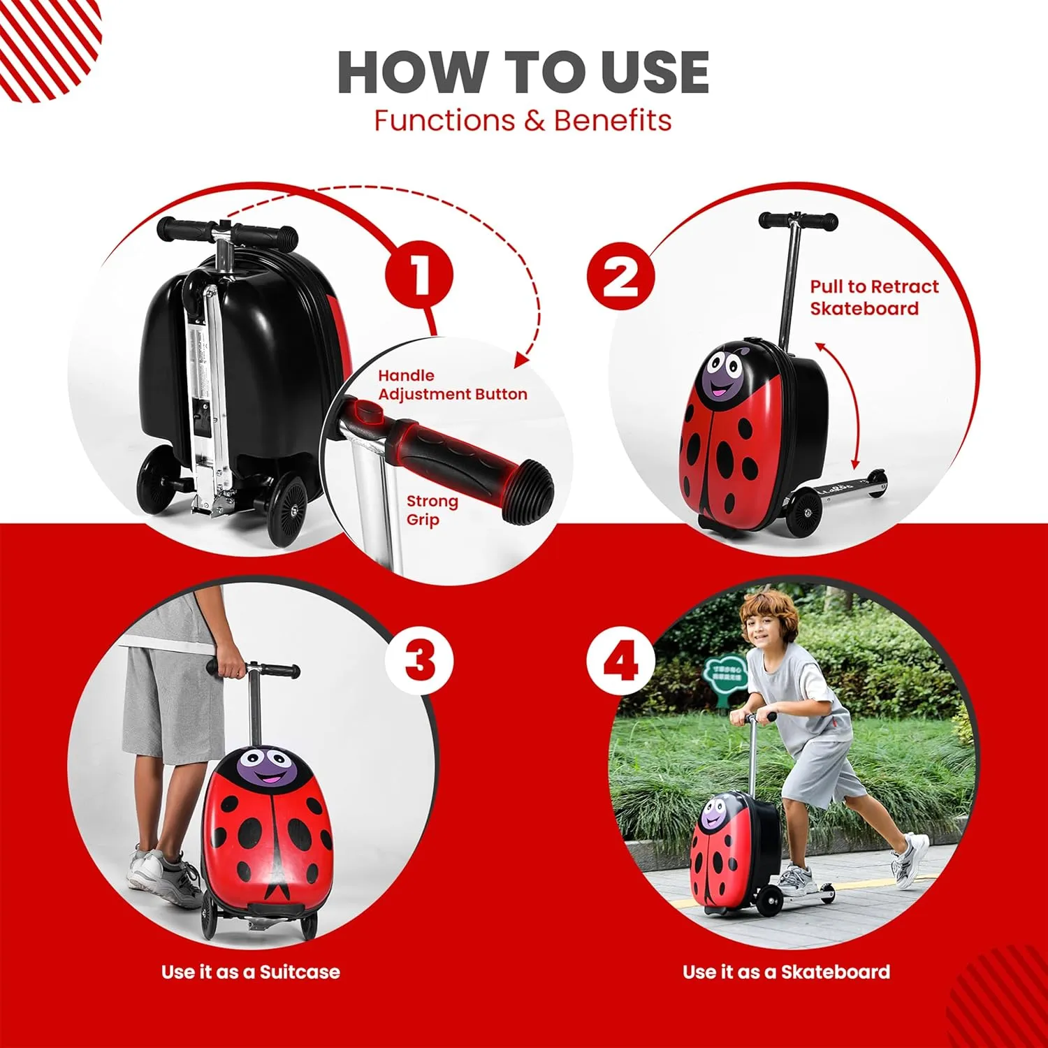 Ladybug Kids Scooter Suitcase - Folding Kids Luggage with Wheels - Multifunctional Ride on Luggage Travel suitcase with Strong Grip, Easy Locks and Zippers – Capacity to Hold 110LB