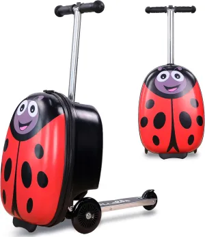 Ladybug Kids Scooter Suitcase - Folding Kids Luggage with Wheels - Multifunctional Ride on Luggage Travel suitcase with Strong Grip, Easy Locks and Zippers – Capacity to Hold 110LB