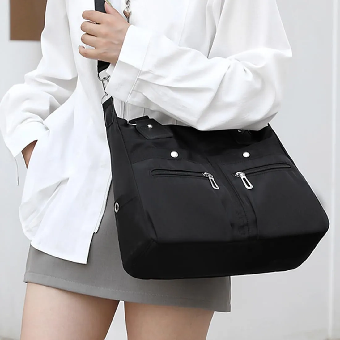 Langrents Nylon Waterproof Tote Bag, Large Capacity Waterproof Multi Pocket Shoulder Bag, Langrents Nylon Tote Bag