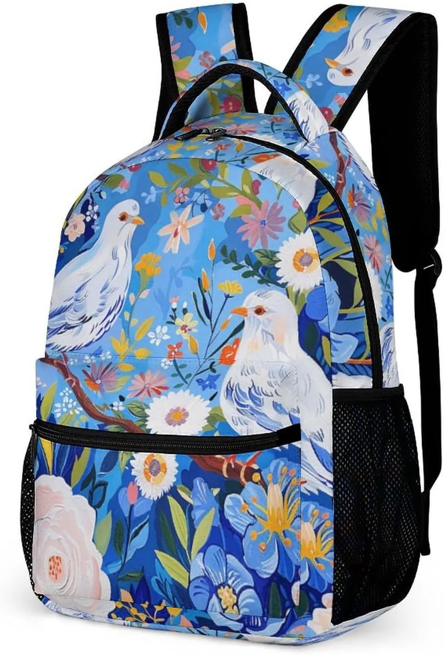 Laptop Backpack for Travel Daypack Computer Bag Work Flowers And White Birds Back Pack Nurse Bag for Hiking