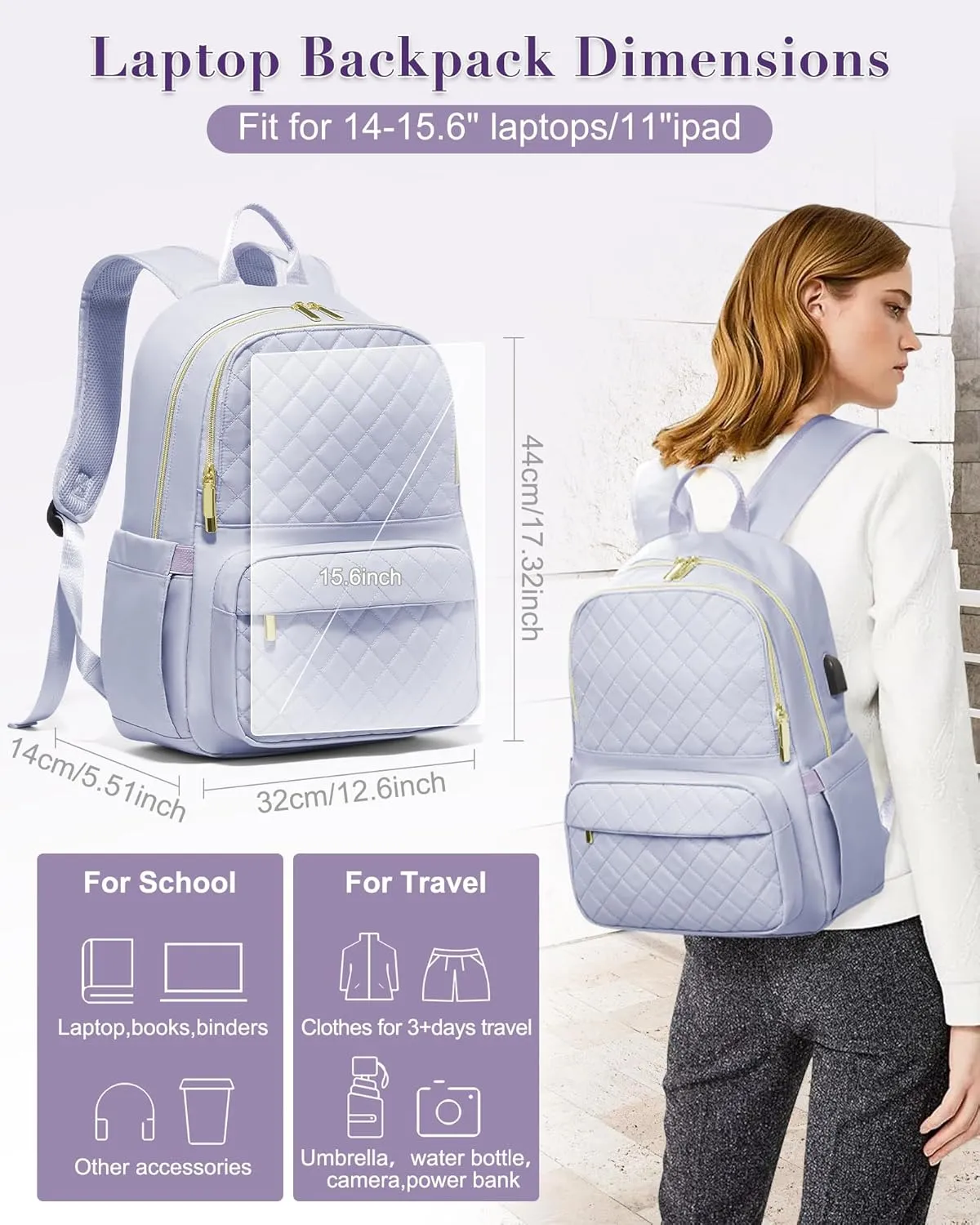 Laptop Backpack for Women Men,Waterproof Work Business Bags College Backpack Laptop Computer Bag Travel Backpack Purse for College, Business,Travel Fits 15.6 Inch Laptop Purple