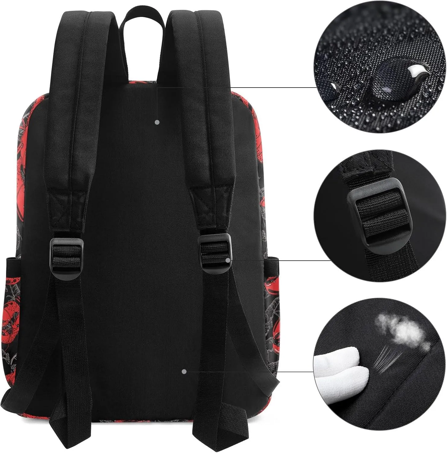 Laptop Backpack Red Black Lobsters Floral Large Canvas Durable Travel Shoulder Daypack for School Books Sport Beach Work Hiking Fit 16.5 Inch Notebook