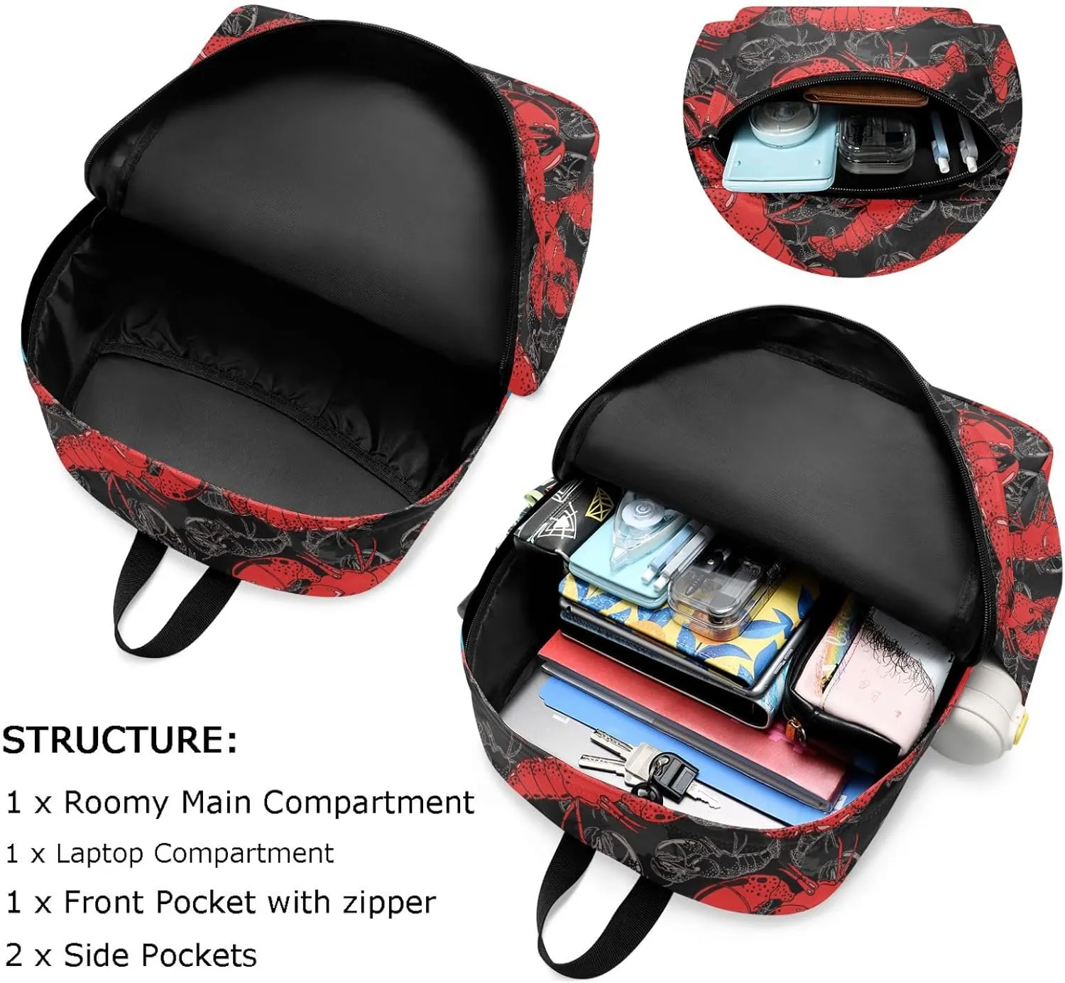 Laptop Backpack Red Black Lobsters Floral Large Canvas Durable Travel Shoulder Daypack for School Books Sport Beach Work Hiking Fit 16.5 Inch Notebook