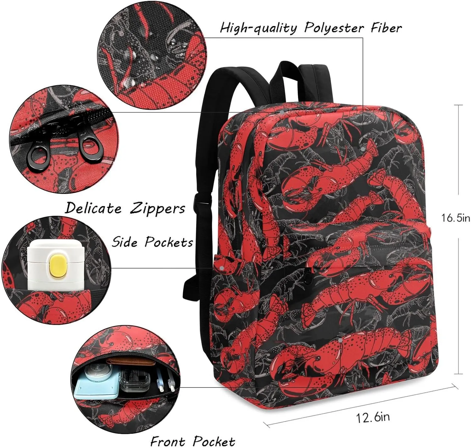 Laptop Backpack Red Black Lobsters Floral Large Canvas Durable Travel Shoulder Daypack for School Books Sport Beach Work Hiking Fit 16.5 Inch Notebook