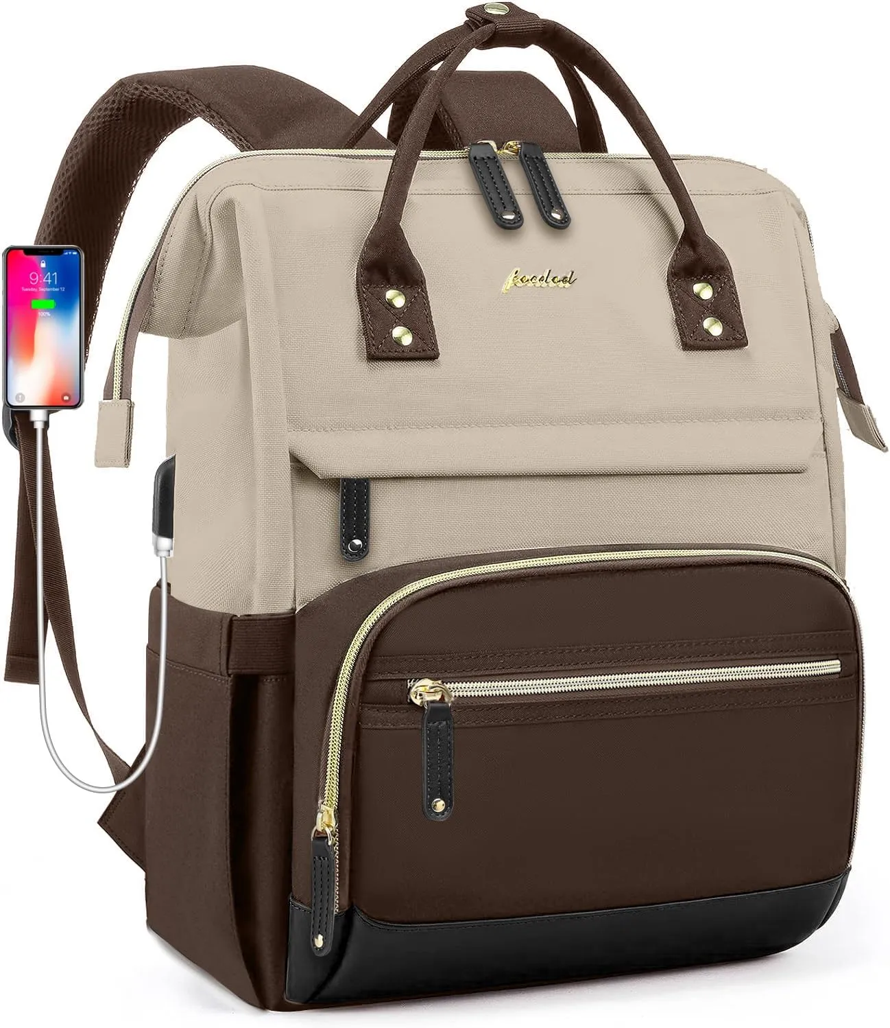 Laptop Backpack Women Work Bag: 15.6 inch Work Bookbag with USB Charging Port Large Travel Backpack Purse for College Nurse Casual Daypack for Teacher Professional Computer Backpack Apricot Coffee