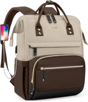 Laptop Backpack Women Work Bag: 15.6 inch Work Bookbag with USB Charging Port Large Travel Backpack Purse for College Nurse Casual Daypack for Teacher Professional Computer Backpack Apricot Coffee