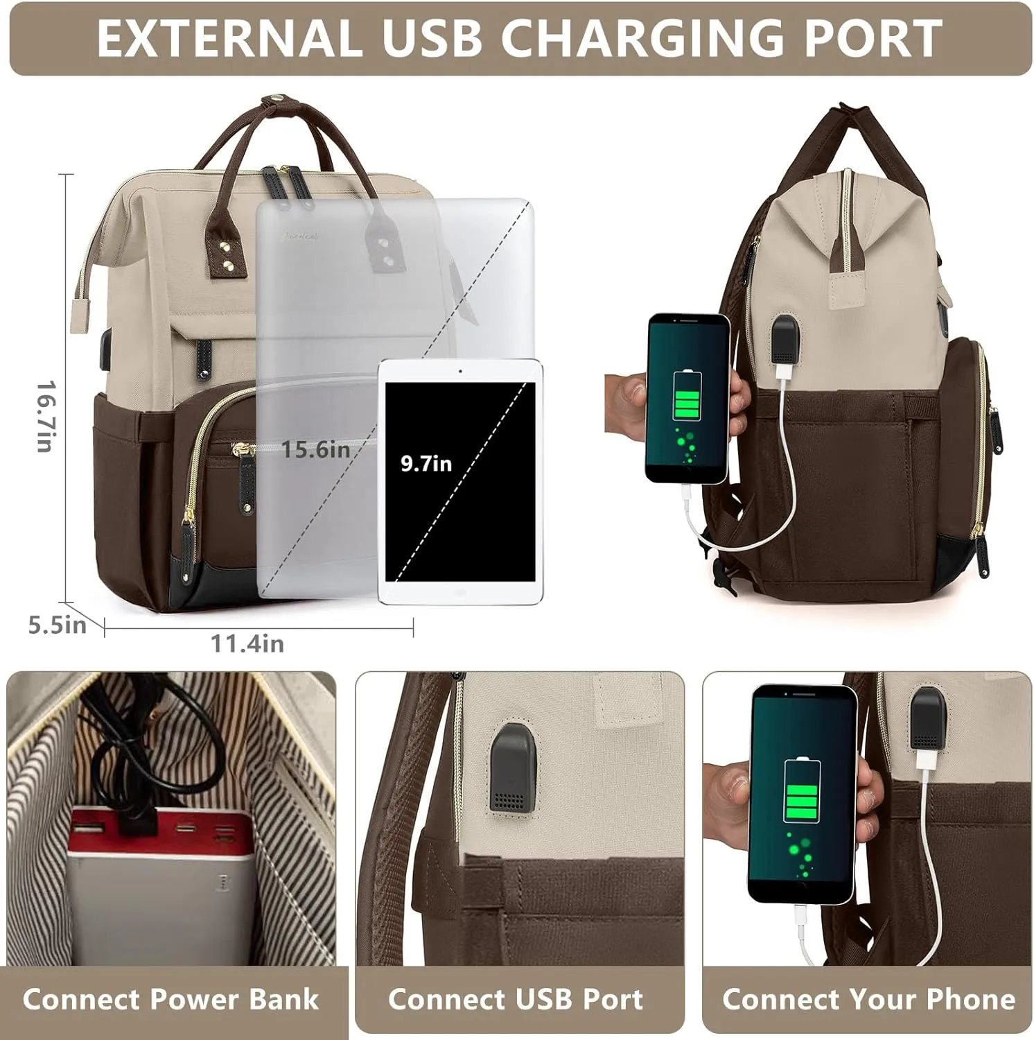 Laptop Backpack Women Work Bag: 15.6 inch Work Bookbag with USB Charging Port Large Travel Backpack Purse for College Nurse Casual Daypack for Teacher Professional Computer Backpack Apricot Coffee