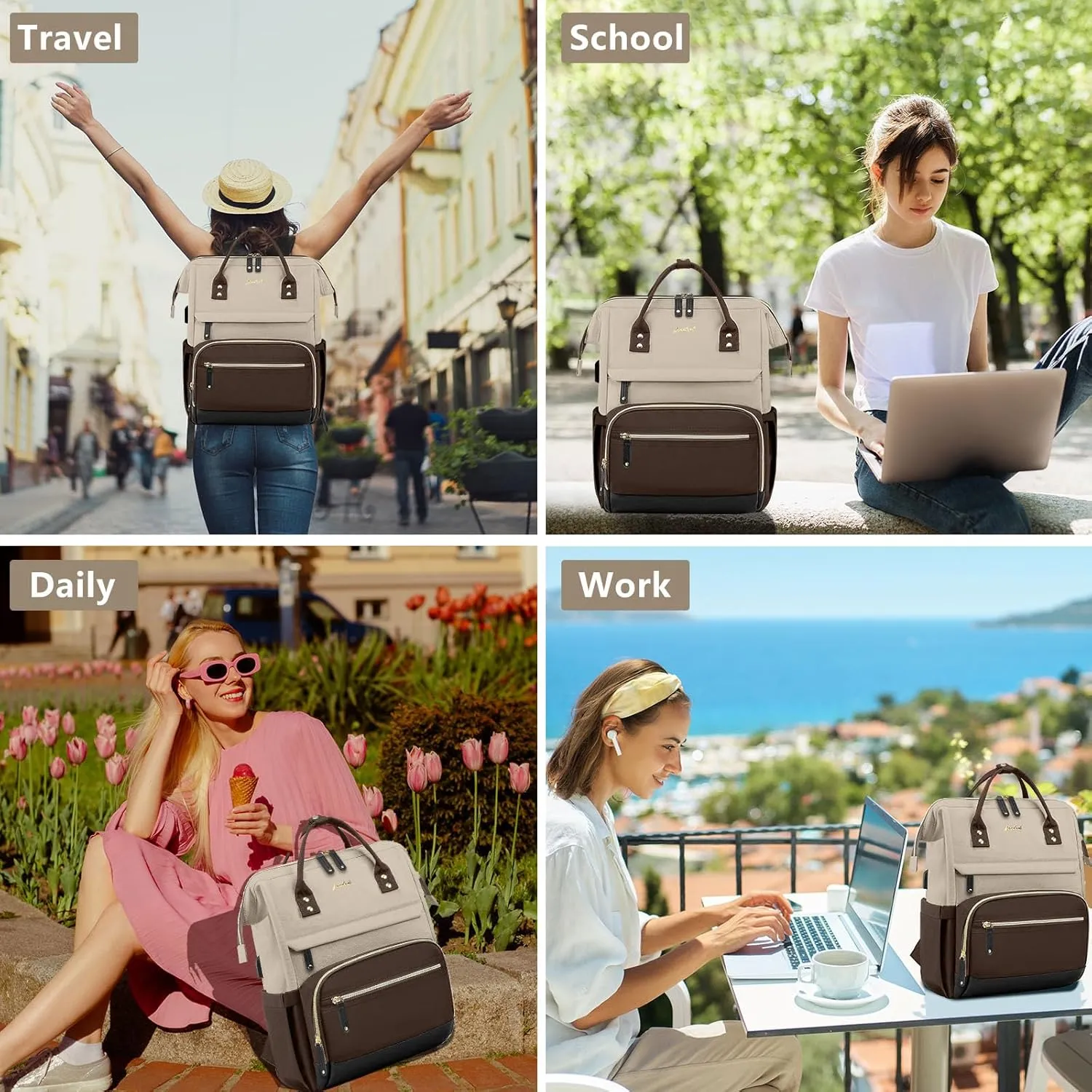Laptop Backpack Women Work Bag: 15.6 inch Work Bookbag with USB Charging Port Large Travel Backpack Purse for College Nurse Casual Daypack for Teacher Professional Computer Backpack Apricot Coffee