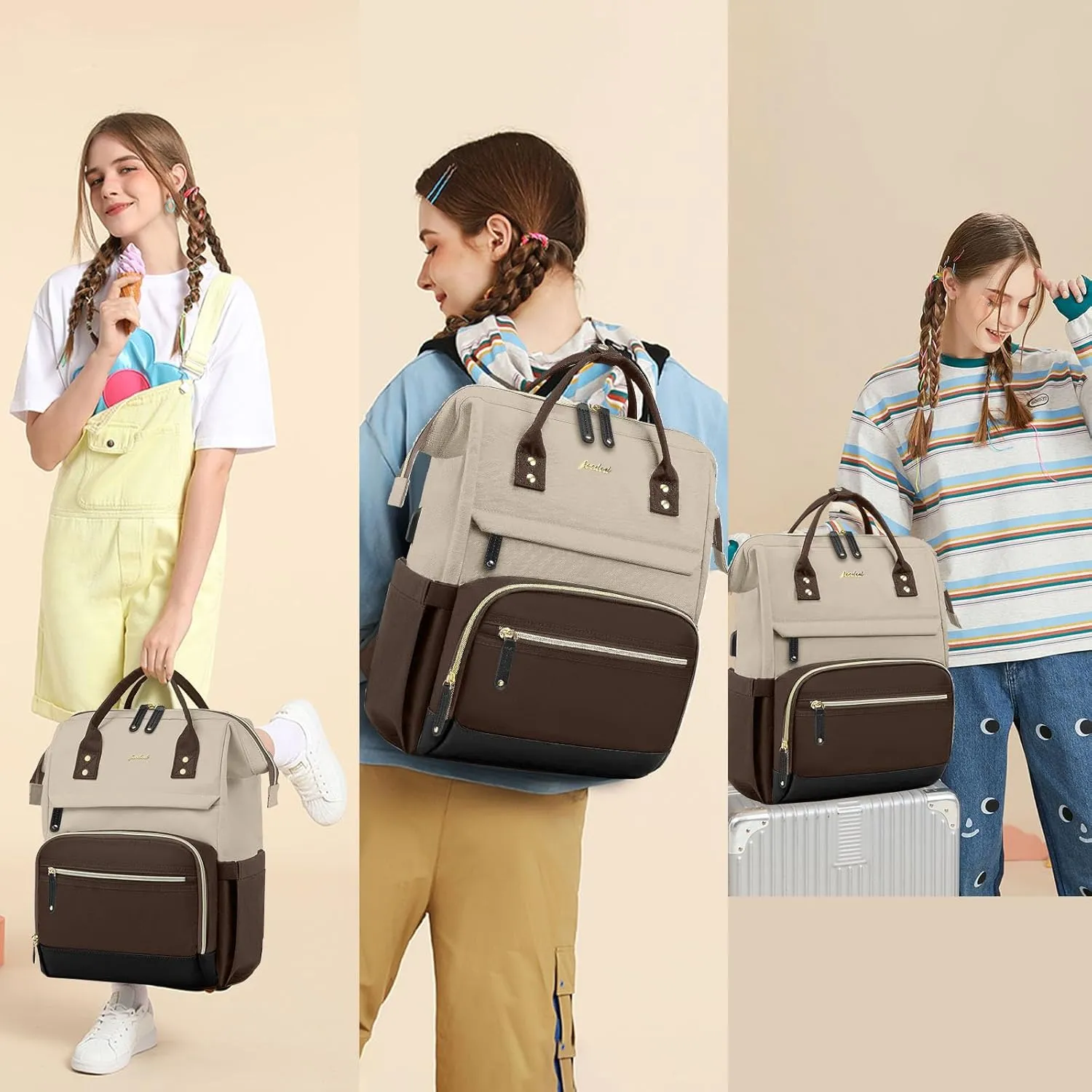 Laptop Backpack Women Work Bag: 15.6 inch Work Bookbag with USB Charging Port Large Travel Backpack Purse for College Nurse Casual Daypack for Teacher Professional Computer Backpack Apricot Coffee