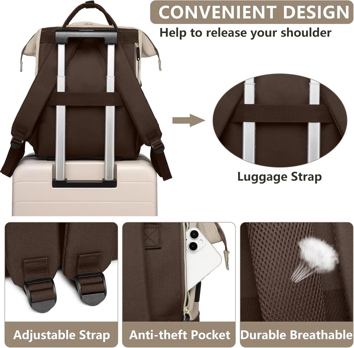 Laptop Backpack Women Work Bag: 15.6 inch Work Bookbag with USB Charging Port Large Travel Backpack Purse for College Nurse Casual Daypack for Teacher Professional Computer Backpack Apricot Coffee