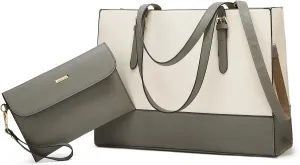 Laptop Bag for Women 15.6 inch Laptop Tote Bag Leather Classy Computer Briefcase for Work Waterproof Handbag 2pcs Set