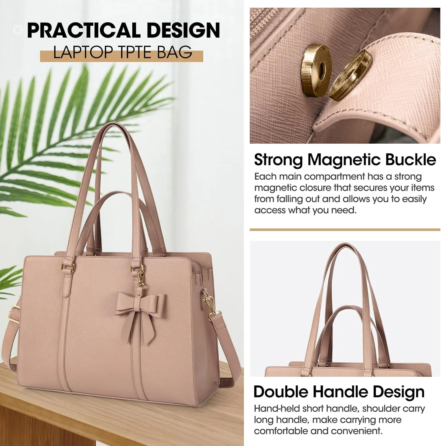 Laptop Bag for Women 15.6 inch Laptop Tote Bag Waterproof Leather Computer Bag Large Lightweight Briefcase Professional Business Office Work Bag Khaki