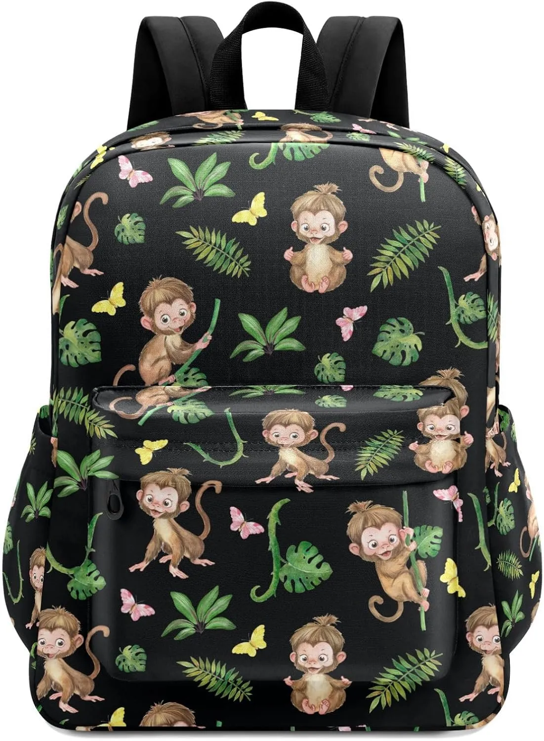 Large Backpack, Cute Monkeys Jungle Leaves Butterfly Polyester Durable Travel Shoulder Daypack for Unisex School Bookbag Work Hiking Fit 16.5 Inch Notebook