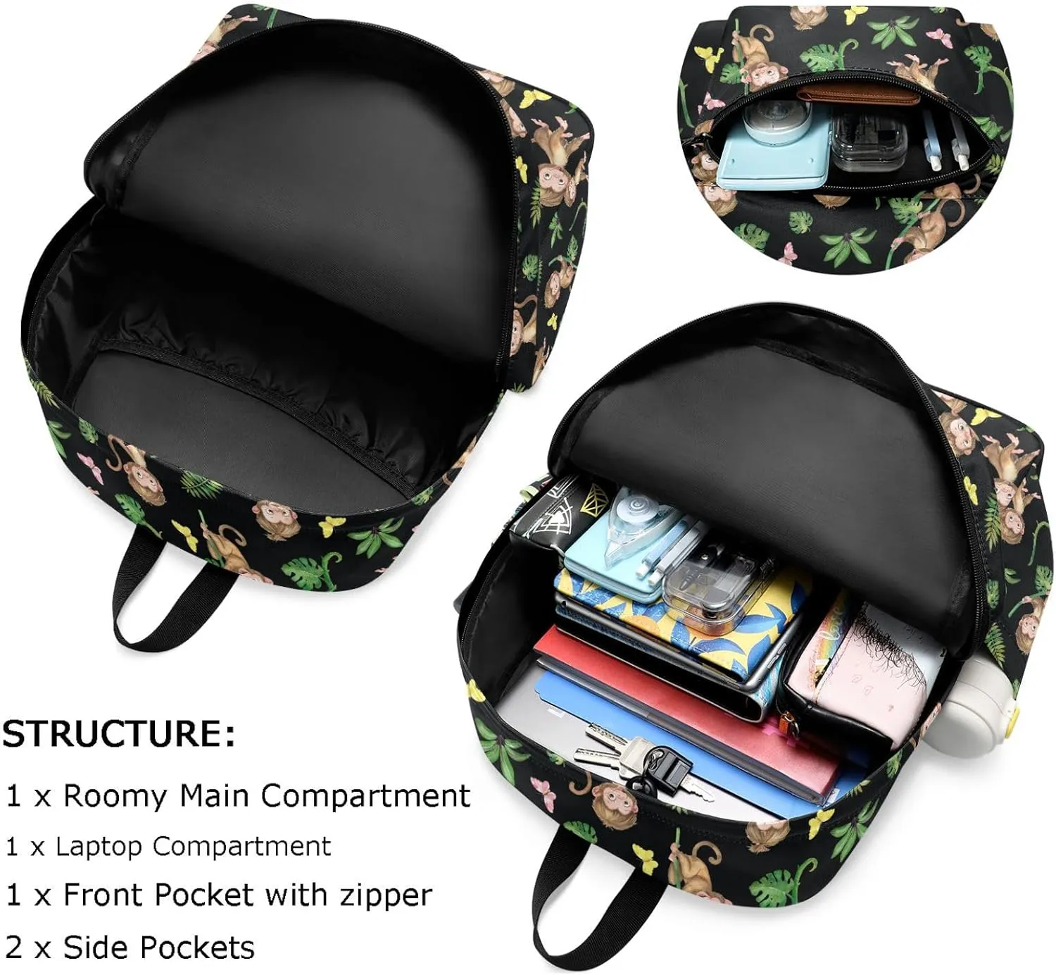 Large Backpack, Cute Monkeys Jungle Leaves Butterfly Polyester Durable Travel Shoulder Daypack for Unisex School Bookbag Work Hiking Fit 16.5 Inch Notebook