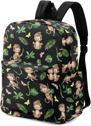 Large Backpack, Cute Monkeys Jungle Leaves Butterfly Polyester Durable Travel Shoulder Daypack for Unisex School Bookbag Work Hiking Fit 16.5 Inch Notebook