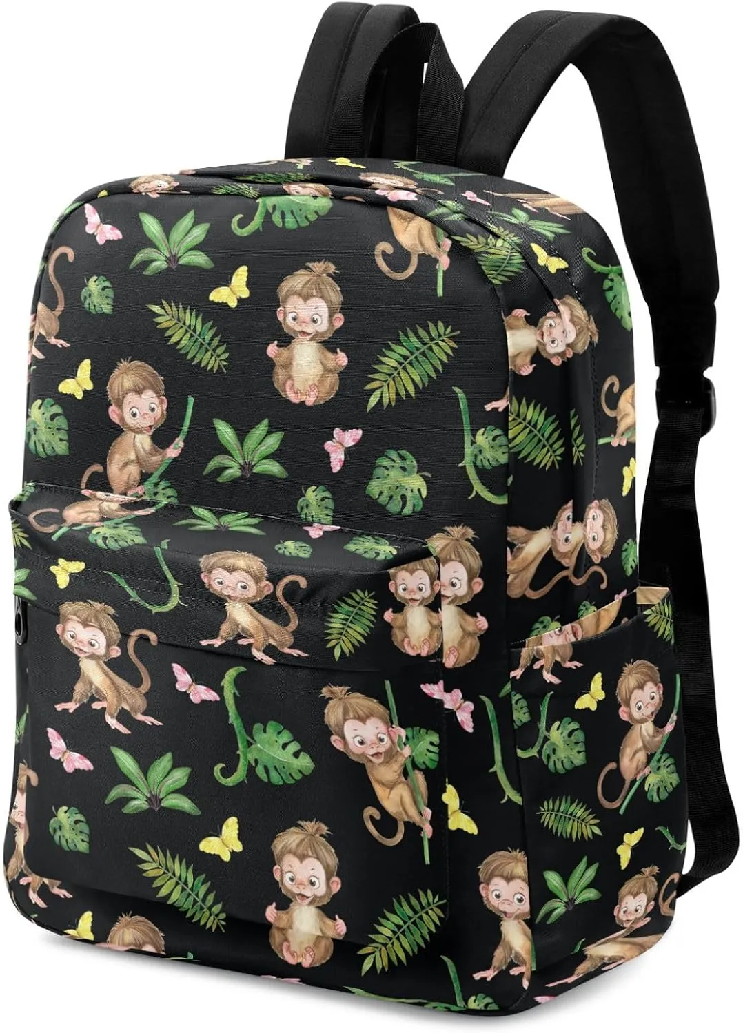 Large Backpack, Cute Monkeys Jungle Leaves Butterfly Polyester Durable Travel Shoulder Daypack for Unisex School Bookbag Work Hiking Fit 16.5 Inch Notebook