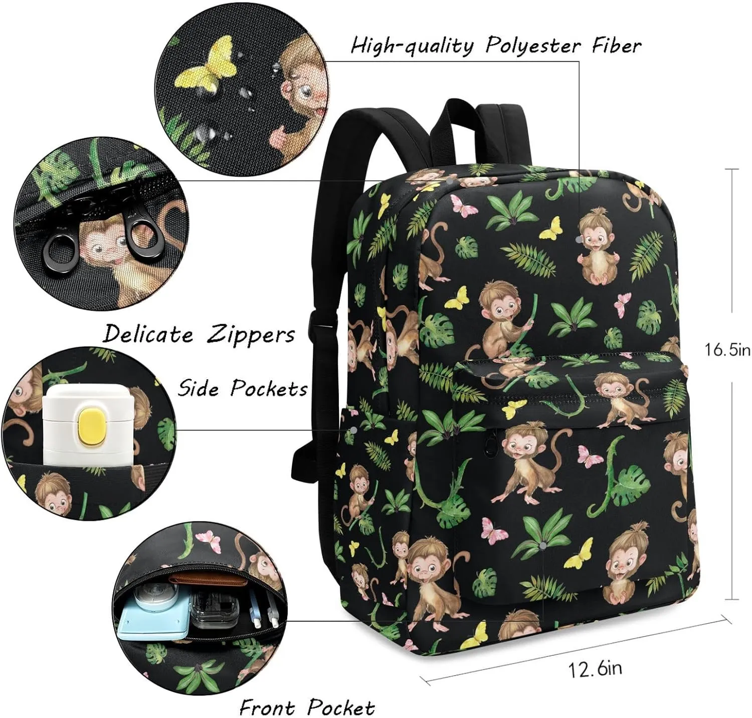 Large Backpack, Cute Monkeys Jungle Leaves Butterfly Polyester Durable Travel Shoulder Daypack for Unisex School Bookbag Work Hiking Fit 16.5 Inch Notebook