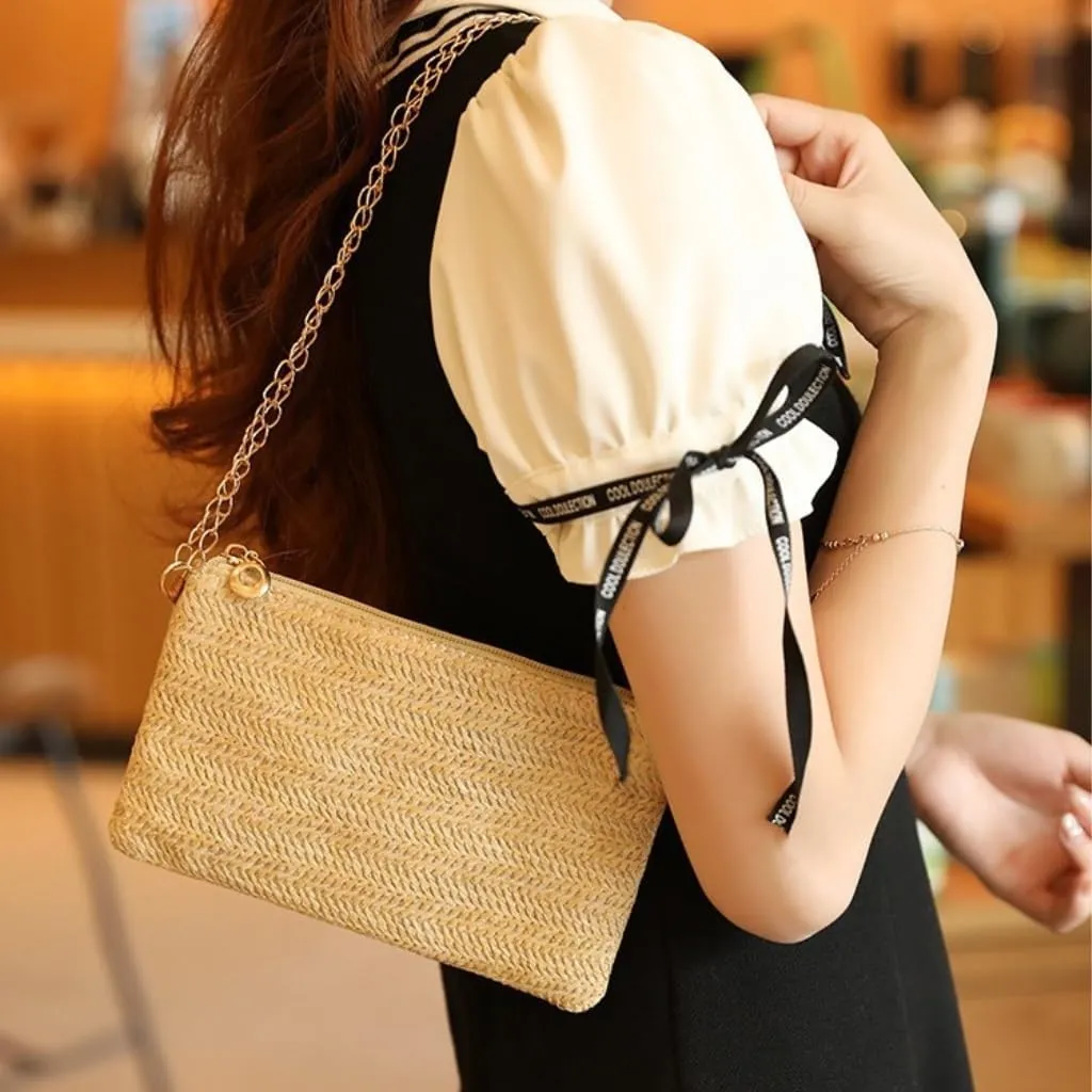 Large capacity Bag Spring And Summer Minimalist Chain Square Bag Casual Straw Element Shoulder Messenger Bag Ladies shoulder Bag(Brown)