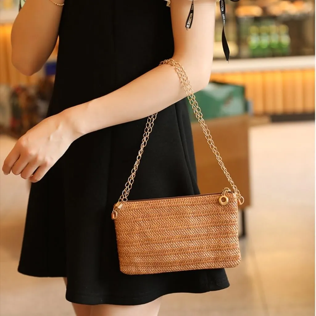 Large capacity Bag Spring And Summer Minimalist Chain Square Bag Casual Straw Element Shoulder Messenger Bag Ladies shoulder Bag(Brown)