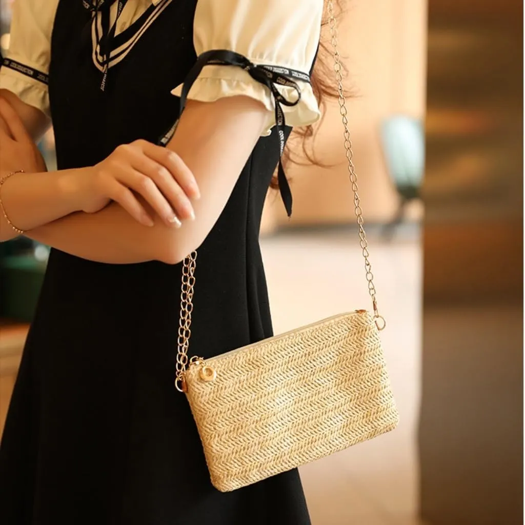 Large capacity Bag Spring And Summer Minimalist Chain Square Bag Casual Straw Element Shoulder Messenger Bag Ladies shoulder Bag(Brown)