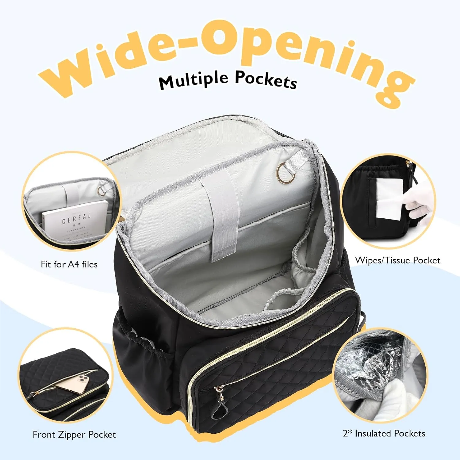 Large Capacity Diaper Bag Backpack with Stroller Buckle, Water-Resistant Travel Backpack with Insulated Pockets (Neoprene, Grey)