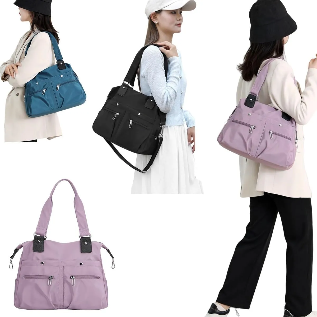 Large Capacity Nylon Shoulder Bag, Multi-Pocket Lightweight Nylon Satchel with Zip, Handbag, Work Bag, Briefcase