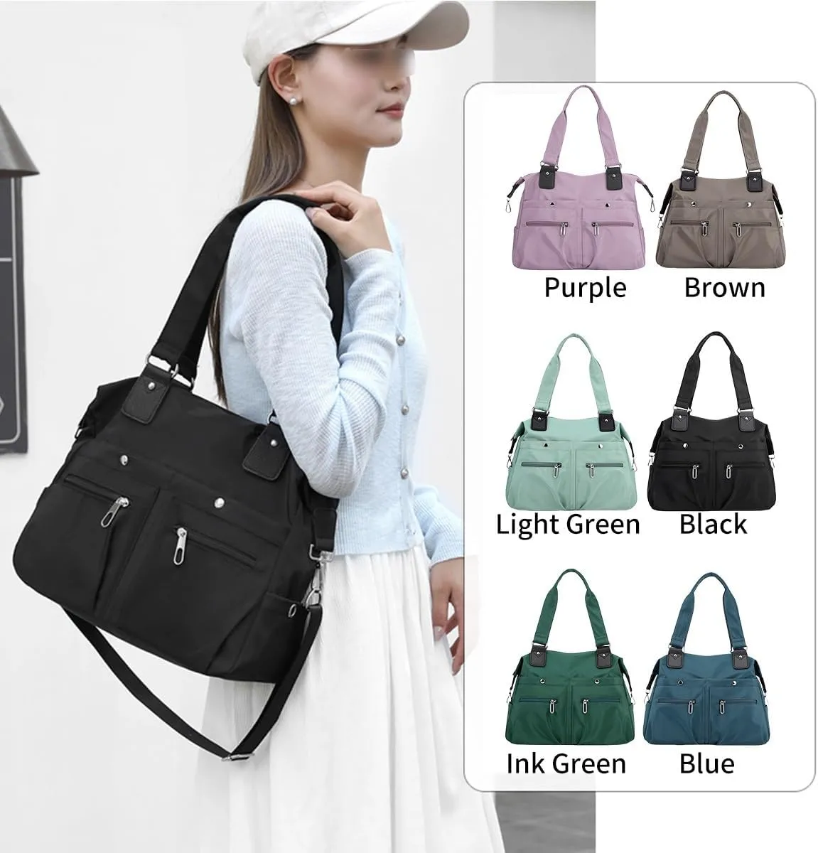 Large Capacity Nylon Shoulder Bag, Multi-Pocket Lightweight Nylon Satchel with Zip, Handbag, Work Bag, Briefcase