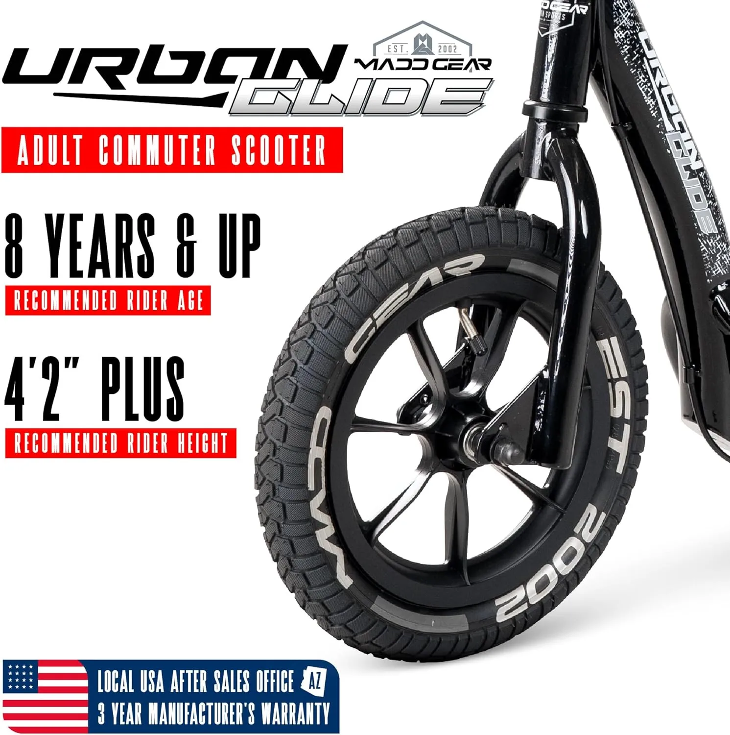 Large Kick Scooter for Adults, Teens & Kids 8-12 with Kickstand – 12" Air-Filled Tires, Wide Deck, Lightweight Steel Frame – Madd Gear Urban Glide