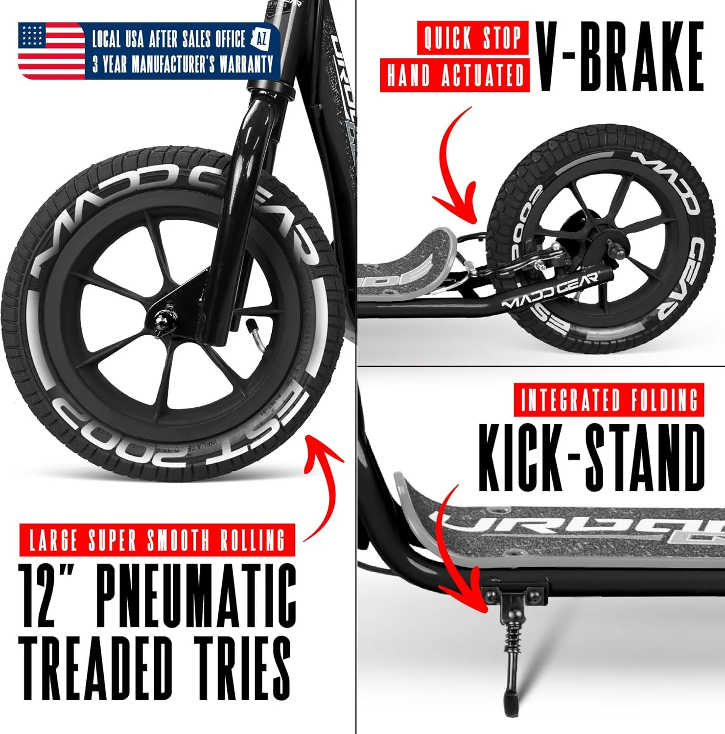 Large Kick Scooter for Adults, Teens & Kids 8-12 with Kickstand – 12" Air-Filled Tires, Wide Deck, Lightweight Steel Frame – Madd Gear Urban Glide