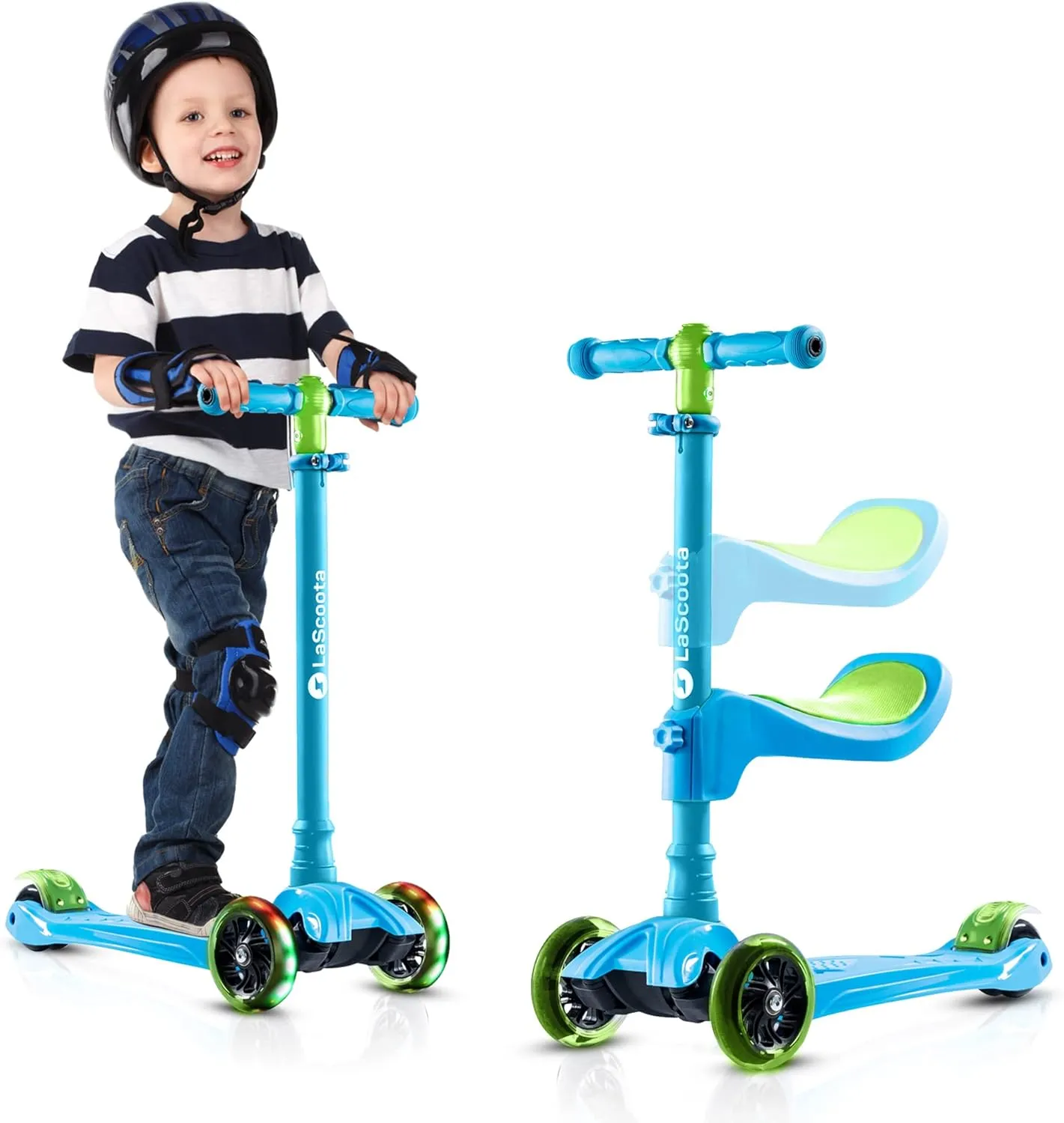 LaScoota 2-in-1 Kids Kick Scooter, Adjustable Height Handlebars and Removable Seat, 3 LED Lighted Wheels and Anti-Slip Deck, for Boys & Girls Aged 3-12 and up to 100 Lbs.