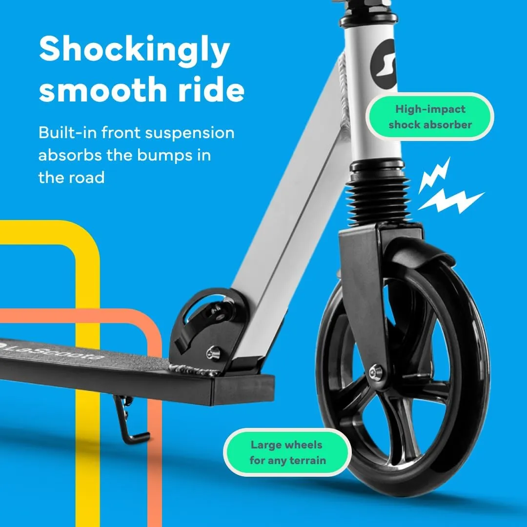 LaScoota Kick Scooter for Kids Ages 6 , Teens & Adults, Large 8" Sturdy Urethane Wheels. Adjustable Handlebar, Lightweight, Foldable, 220lbs Max Load