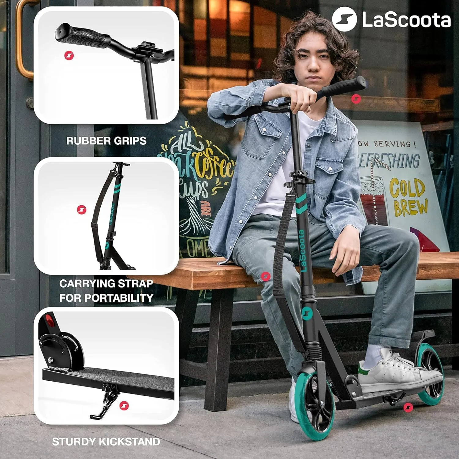 LaScoota Kick Scooter for Kids Ages 6 , Teens & Adults, Large 8" Sturdy Urethane Wheels. Adjustable Handlebar, Lightweight, Foldable, 220lbs Max Load