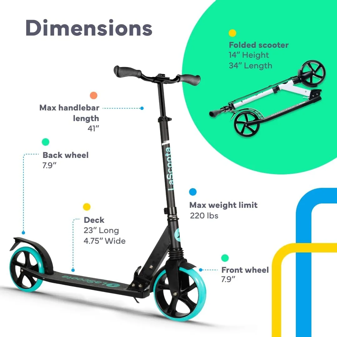 LaScoota Kick Scooter for Kids Ages 6 , Teens & Adults, Large 8" Sturdy Urethane Wheels. Adjustable Handlebar, Lightweight, Foldable, 220lbs Max Load