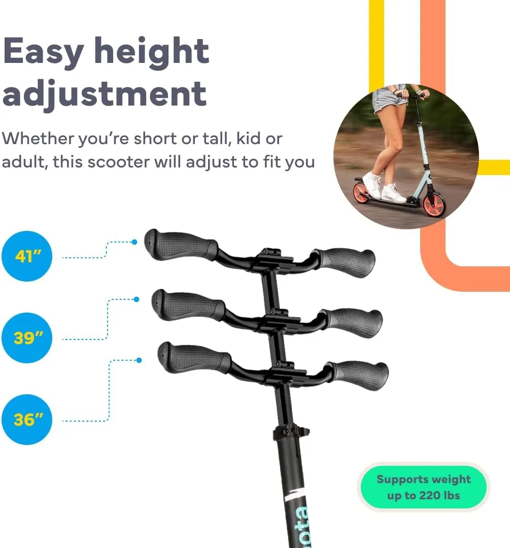 LaScoota Kick Scooter for Kids Ages 6 , Teens & Adults, Large 8" Sturdy Urethane Wheels. Adjustable Handlebar, Lightweight, Foldable, 220lbs Max Load