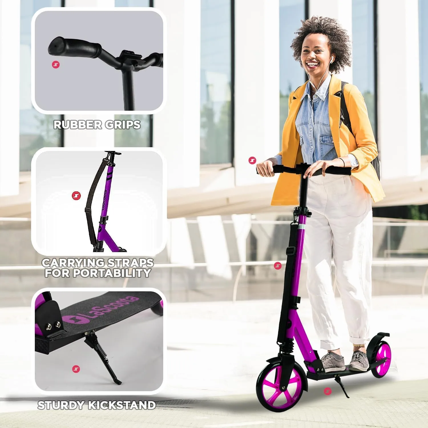 LaScoota Kick Scooter for Kids Ages 6 , Teens & Adults, Large 8" Sturdy Urethane Wheels. Adjustable Handlebar, Lightweight, Foldable, 220lbs Max Load