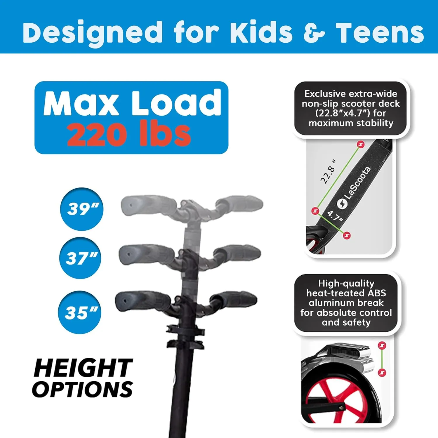 LaScoota Kick Scooter for Kids Ages 6 , Teens & Adults, Large 8" Sturdy Urethane Wheels. Adjustable Handlebar, Lightweight, Foldable, 220lbs Max Load
