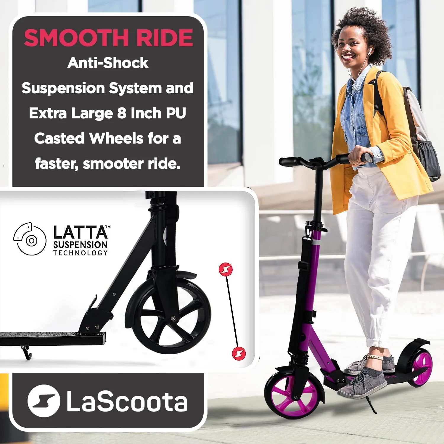 LaScoota Kick Scooter for Kids Ages 6 , Teens & Adults, Large 8" Sturdy Urethane Wheels. Adjustable Handlebar, Lightweight, Foldable, 220lbs Max Load
