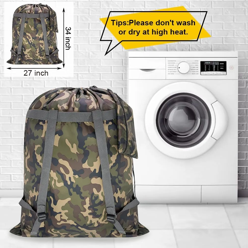 Laundry Bag Backpack, 27"x 34" Sturdy Laundry Bag with Shoulder Straps Drawstring Extra Large Heavy Duty, Foldable Backpack for College, Dorm, Travel, Laundromat (camo)