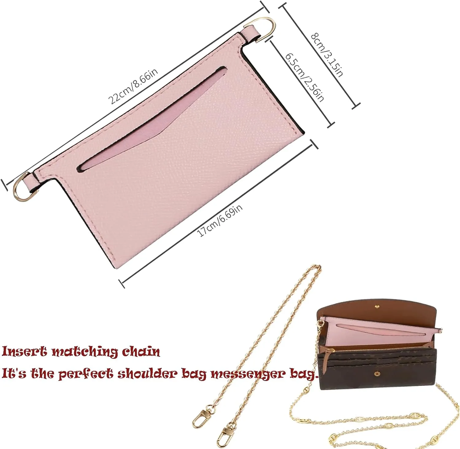 Lckaey purse conversion kit josephine ror lv wallet Sarah bag Emilie Wallet, chain accessories, inner bag, shoulder strap 3015-Pink 6.7*3.14in AG