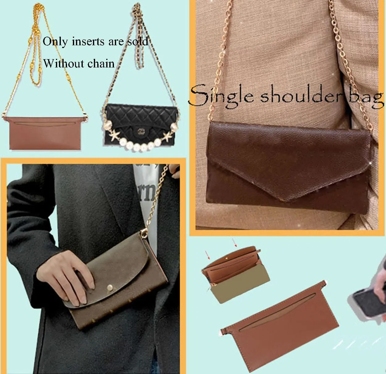 Lckaey purse conversion kit josephine ror lv wallet Sarah bag Emilie Wallet, chain accessories, inner bag, shoulder strap 3015-Pink 6.7*3.14in AG