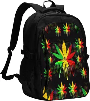 Leaf Rasta Colors Dripping Paint Casual Travel Backpacks Hiking Camping Backpack Large Outdoor Sport Daypack Laptop Rucksack Climbing Working Bags with USB Port