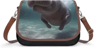 Leather Messenger Bag,Diving Hippo Print Leather Casual Bag,messenger Bag,simple Leather Messenger Bag