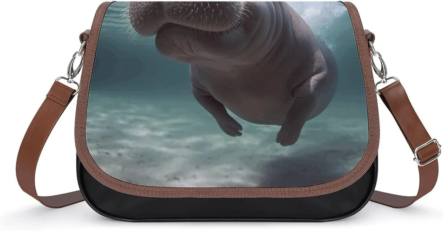 Leather Messenger Bag,Diving Hippo Print Leather Casual Bag,messenger Bag,simple Leather Messenger Bag