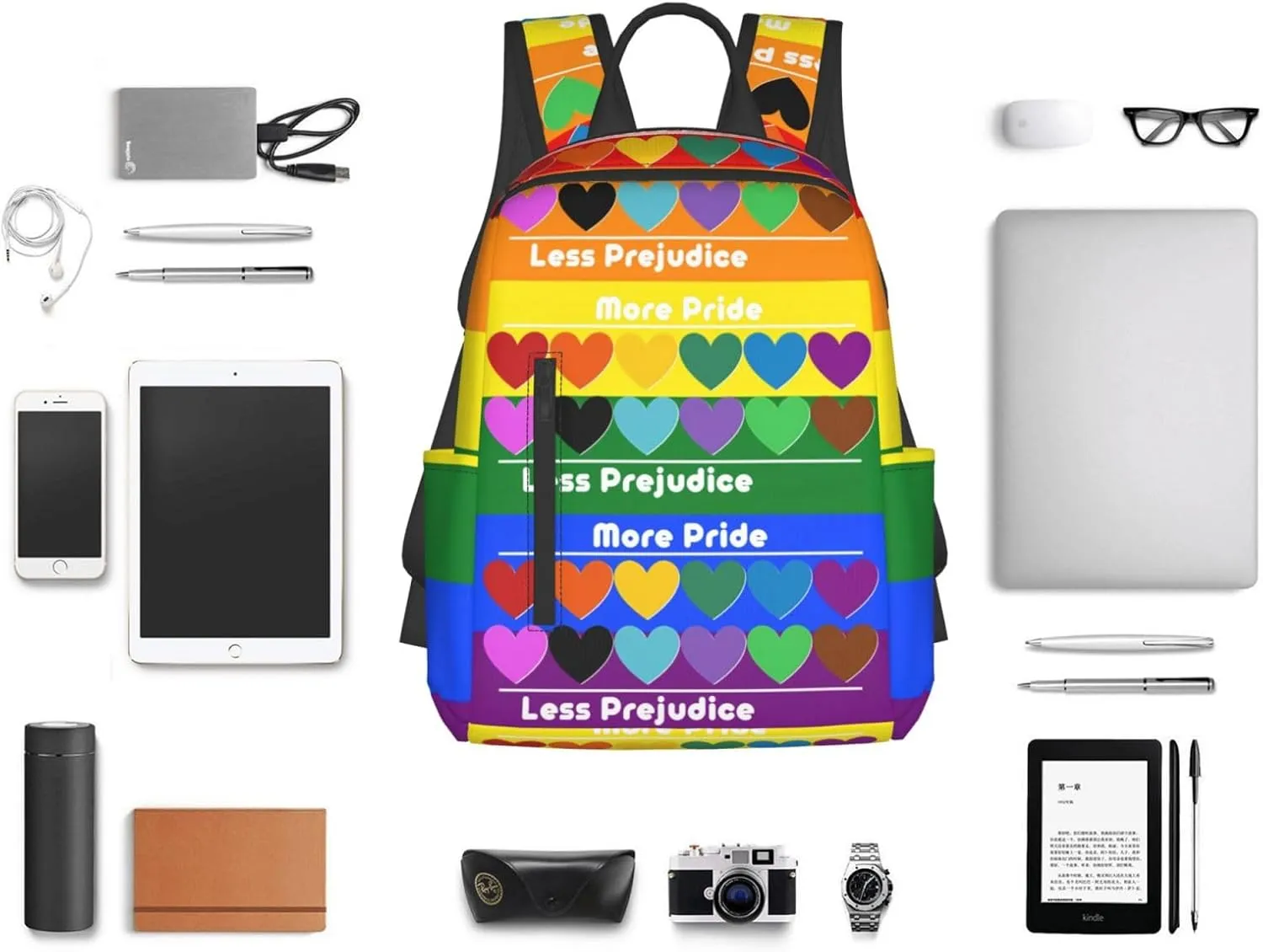 LGBT Rainbow Gay More Pride Less Prejudice Heart Travel Laptop Backpack Casual Backpacks Double Shoulder Daypack Notebook Rucksack Work Bags Sports Bag for Hiking Camping Beach