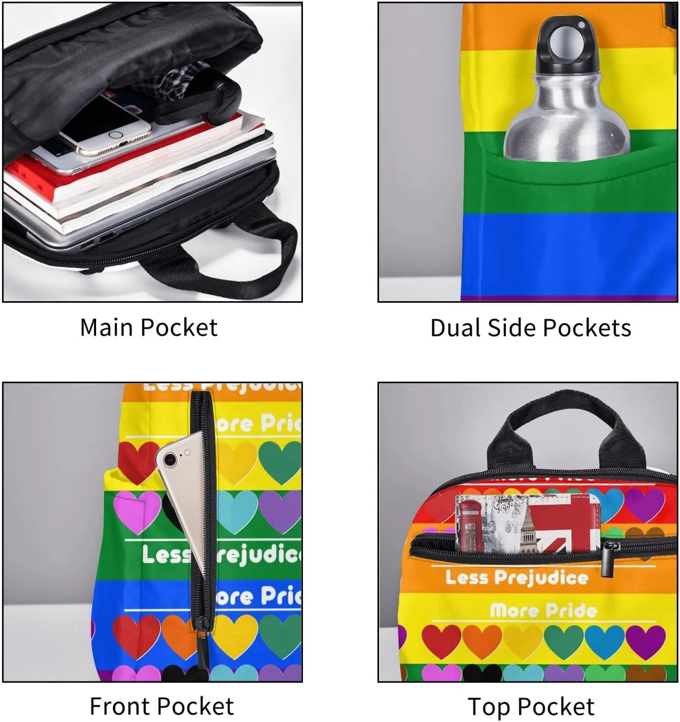 LGBT Rainbow Gay More Pride Less Prejudice Heart Travel Laptop Backpack Casual Backpacks Double Shoulder Daypack Notebook Rucksack Work Bags Sports Bag for Hiking Camping Beach