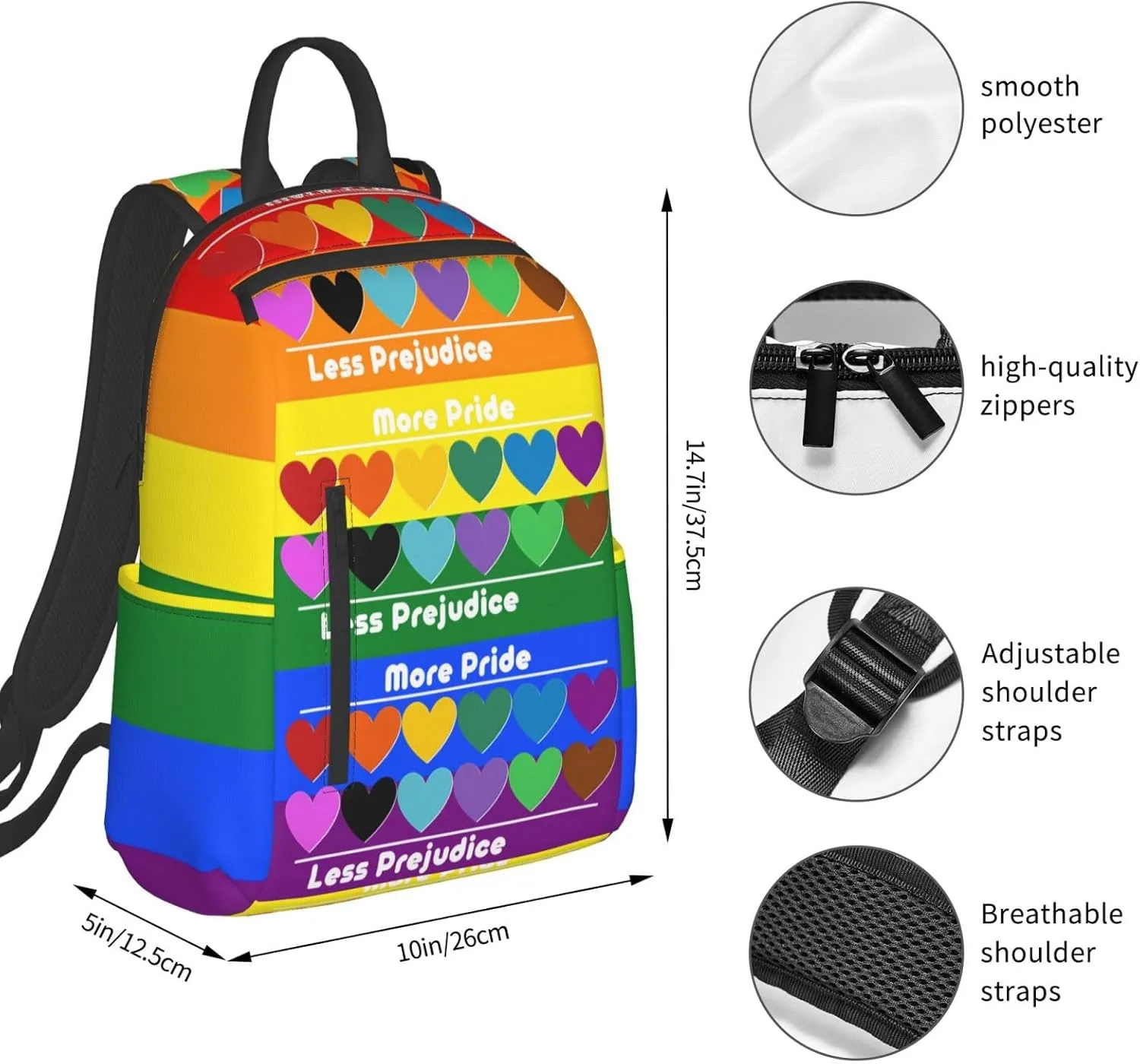 LGBT Rainbow Gay More Pride Less Prejudice Heart Travel Laptop Backpack Casual Backpacks Double Shoulder Daypack Notebook Rucksack Work Bags Sports Bag for Hiking Camping Beach