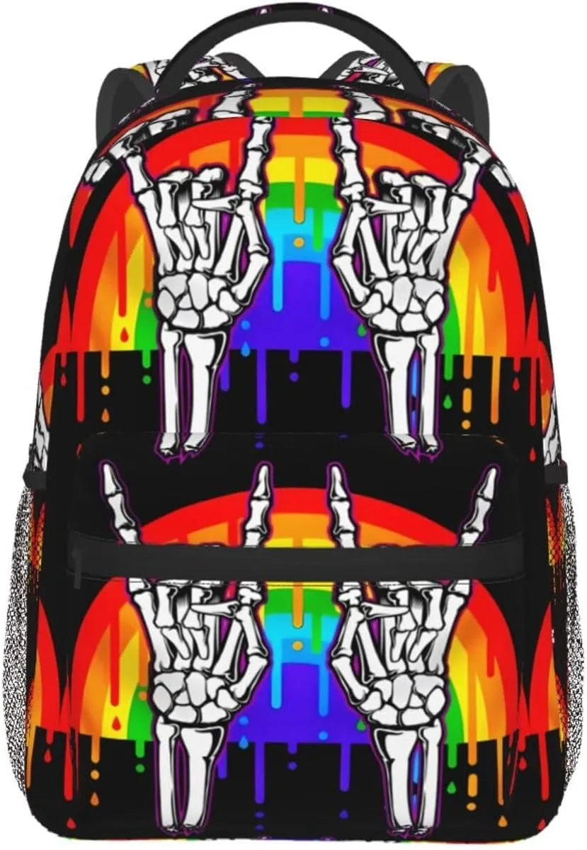 LGBT Rainbow Gay Pride Flag Rock Skeleton Skull Gesture Laptop Backpacks Double Shoulder Laptop Pack Bag Daypack Back Pack Bags Rucksack Computer Bag with Pockets and Zipper